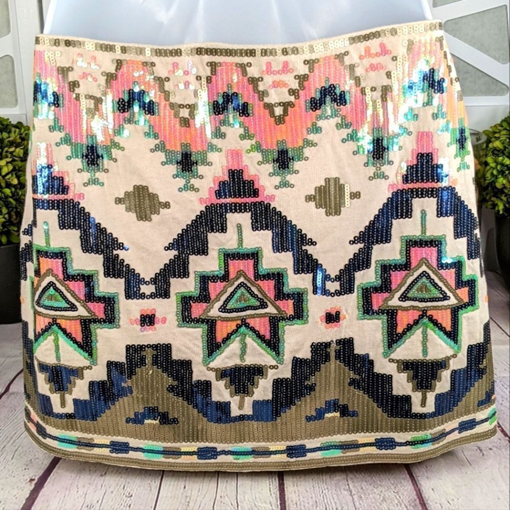 Express Aztec Sequin Embellished Fully Lined Mini Skirt - Picture 3 of 14